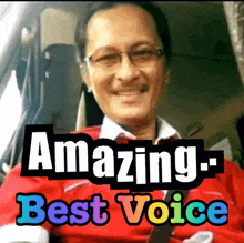 a picture of a man in a car with the words amazing best voice behind him