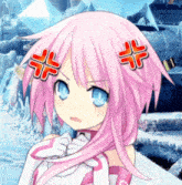 a girl with pink hair and blue eyes is angry