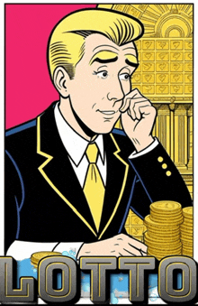 a man in a suit and tie is sitting in front of a pile of gold coins and the word lotto is on the bottom