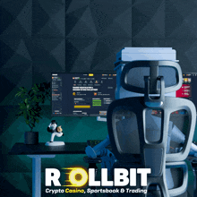 a person sitting in front of a computer with the words rollbit on the bottom