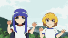 two anime girls standing next to each other with their hands up