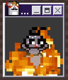 a pixel art of a cat surrounded by flames and a purple box that says ' x ' on it