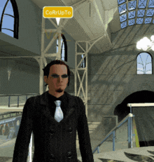 a man in a suit and tie stands in front of a sign that reads corrupto