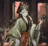 a drawing of a girl in a kimono holding a gun