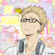 a picture of a boy with glasses and headphones with the words de yumi written on it