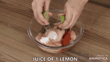 a person is mixing ingredients in a bowl with the words made in animotica on the bottom