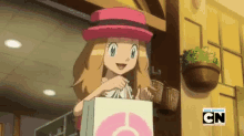 a cartoon girl is holding a shopping bag in front of a store .