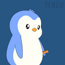 a penguin holding a knife with the words " i want kiss " written below it