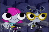 a couple of cartoon characters sitting next to each other with a disney logo in the background