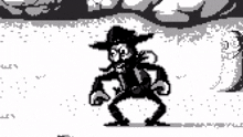 a black and white pixel art of a man in a hat