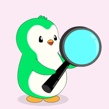 a penguin is holding a magnifying glass in its hand