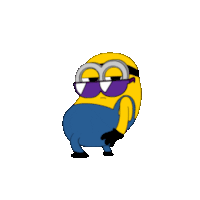 a cartoon minion wearing sunglasses and overalls is standing on a white background .