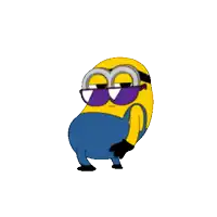 a cartoon minion wearing sunglasses and overalls is standing on a white background .