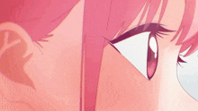 a close up of a pink haired anime girl 's eyes