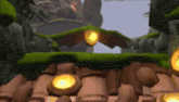 a video game scene with a bat flying over a rocky area with lanterns .