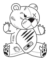 a black and white drawing of a teddy bear with stitches on its face