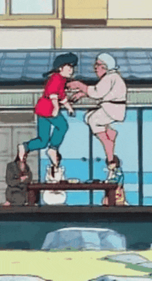 a cartoon of a man and woman standing on a table