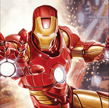 a cartoon drawing of iron man with his arms outstretched and glowing eyes