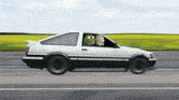 two cartoon characters are driving a car with a frog in the window