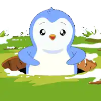 a cartoon of a penguin coming out of a hole in the ground
