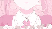 a drawing of a girl with pink hair and a white shirt with a pink bow
