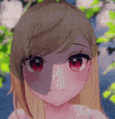 a close up of a anime girl 's face with red eyes .