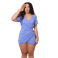 a woman in a blue dress salutes with the words siaaap behind her