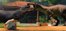 a man is kneeling down in front of a dinosaur and a hippopotamus