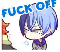 a cartoon of a boy with blue hair and the words fuck off above him