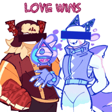 a drawing of a man and a fox with the words love wins above them