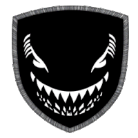 a black and white shield with a shark 's face on it