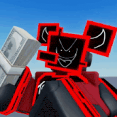 a red and black robot holding a stack of money that says twenty dollars