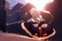 a cartoon character is standing in the snow and the sun is shining through the clouds