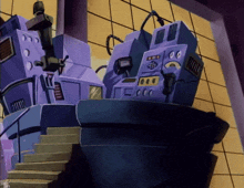 a cartoon drawing of a building with a staircase leading up to a large purple machine
