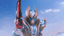 a cartoon character is holding a red and blue gun