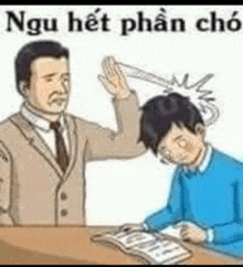 a man in a suit and tie is slapping a boy on the head .