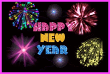 a greeting card that says happy new year with fireworks in the background