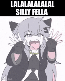 a cartoon of a girl with a cat ear making a funny face .