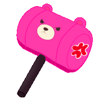 a pink teddy bear shaped hammer with a black handle