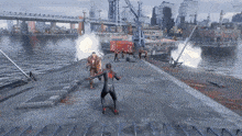 a man in a spiderman costume is fighting a group of men in a video game