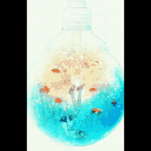 a drawing of a light bulb with a girl and fish inside of it