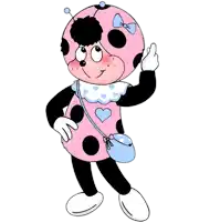 a ladybug wearing a pink and black outfit with a blue bow