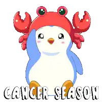a penguin wearing a crab hat with the words cancer season written below it