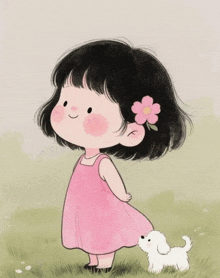 a little girl with a flower in her hair is standing next to a small white dog .