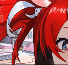 a close up of a red haired anime character with a sign in the background that says baelz ch. hol
