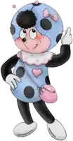 a ladybug wearing a blue and black outfit and a pink purse