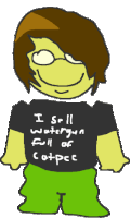 a cartoon character is wearing a black shirt that says " i still watergun full of cute "