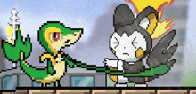 a pixel art drawing of a snake and a mouse