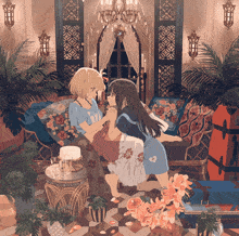 a drawing of two girls sitting on a couch with a cake on a table