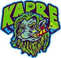 a green and blue kapre logo with a monkey with a crown on his head
